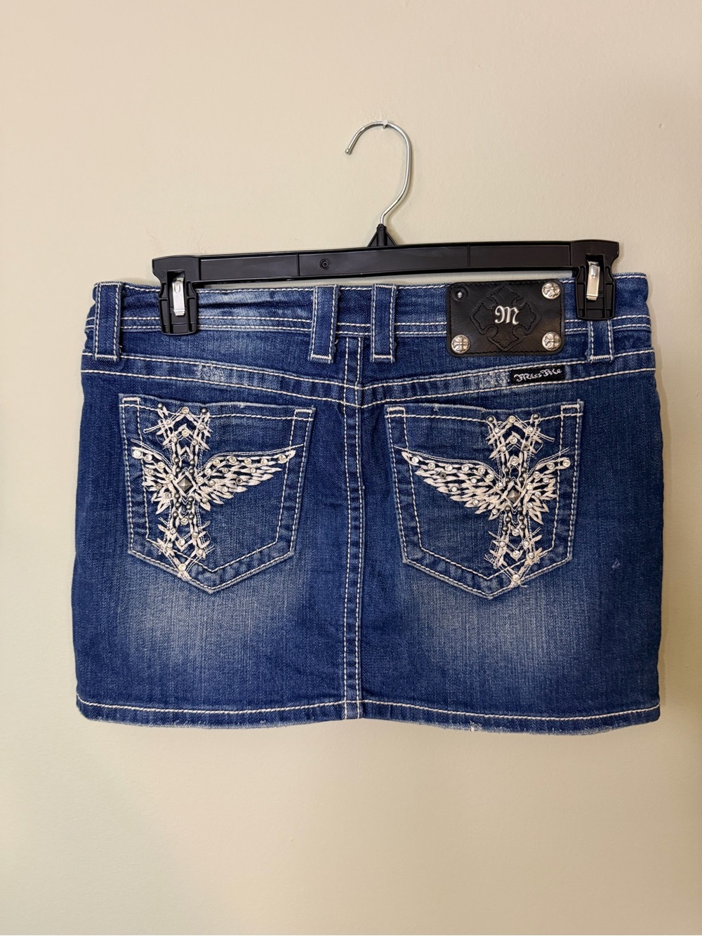 Gorgeous Y2K Miss Me Denim Mini Skirt With Cross/ Wing Pockets 13” Total Length